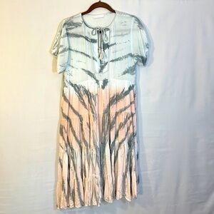 Karlie Boho Gray Pink Tie Dye Tiered Tassel Tie Neckline Short Sleeve MIDI Dress